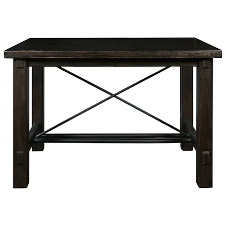 Rustic Industrial Leg Bar Table with Trestle Base & Metal Stretcher